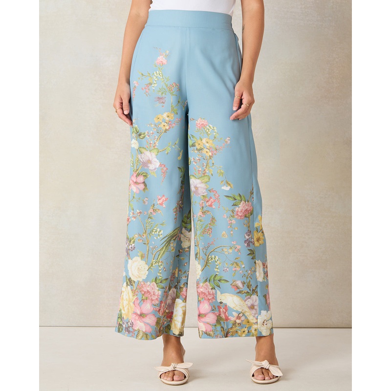 Women Blue Printed Wide Leg Trousers