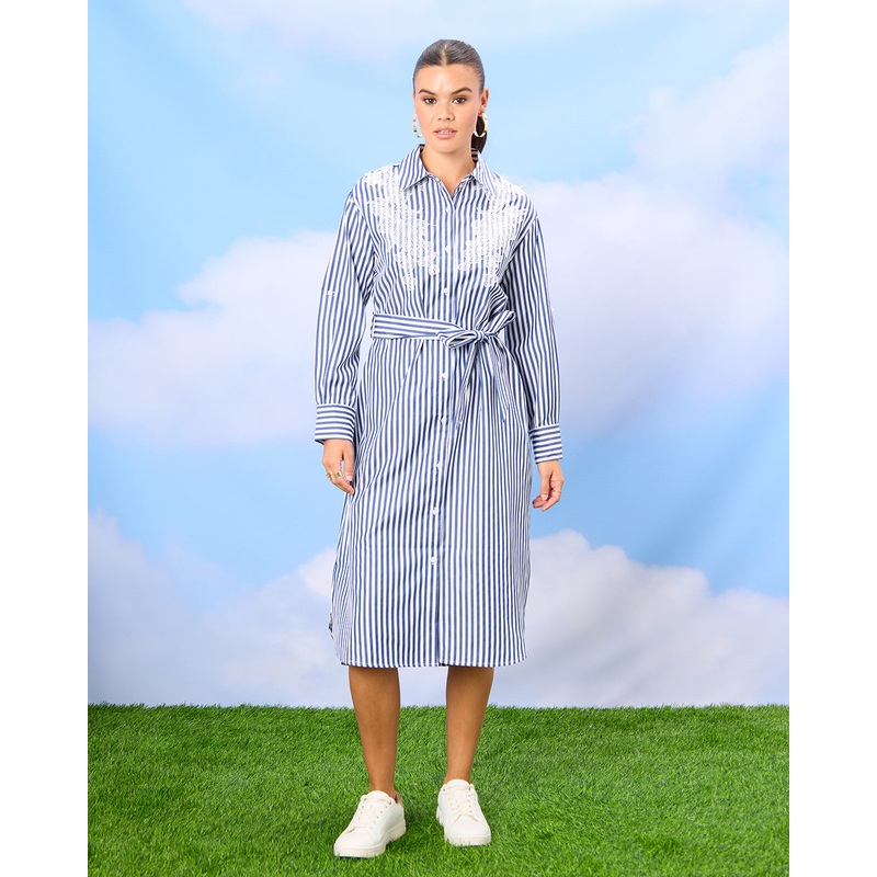 Women Blue Striped Button Down Shirt Dress