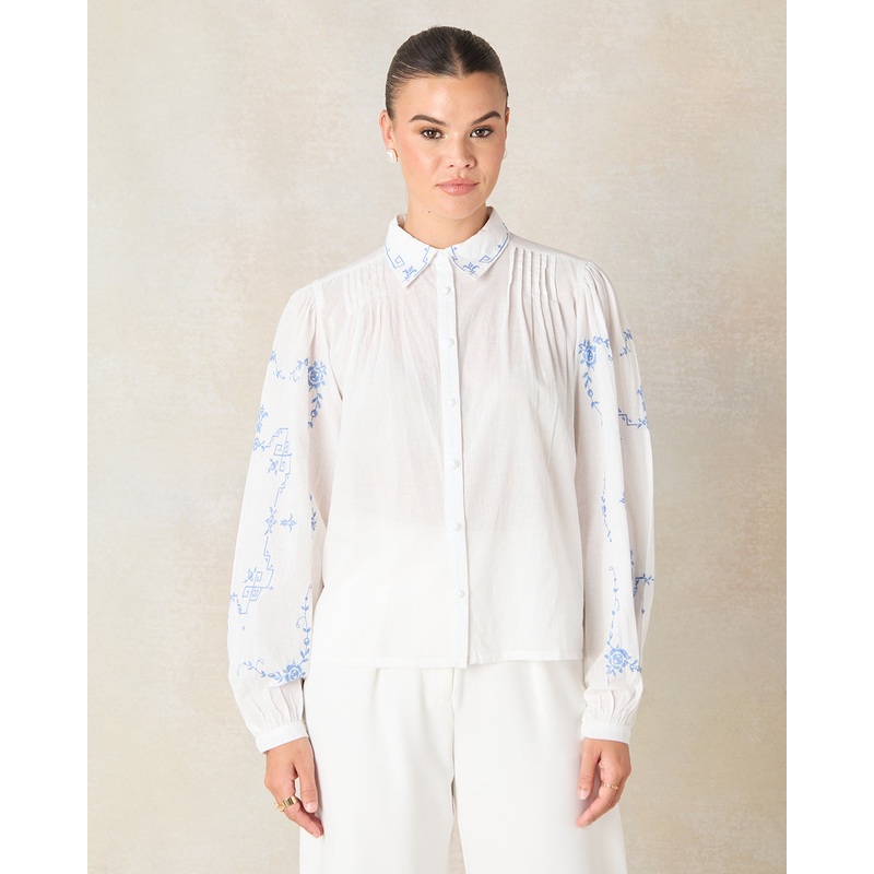 Women White Embroidered Collared Shirt