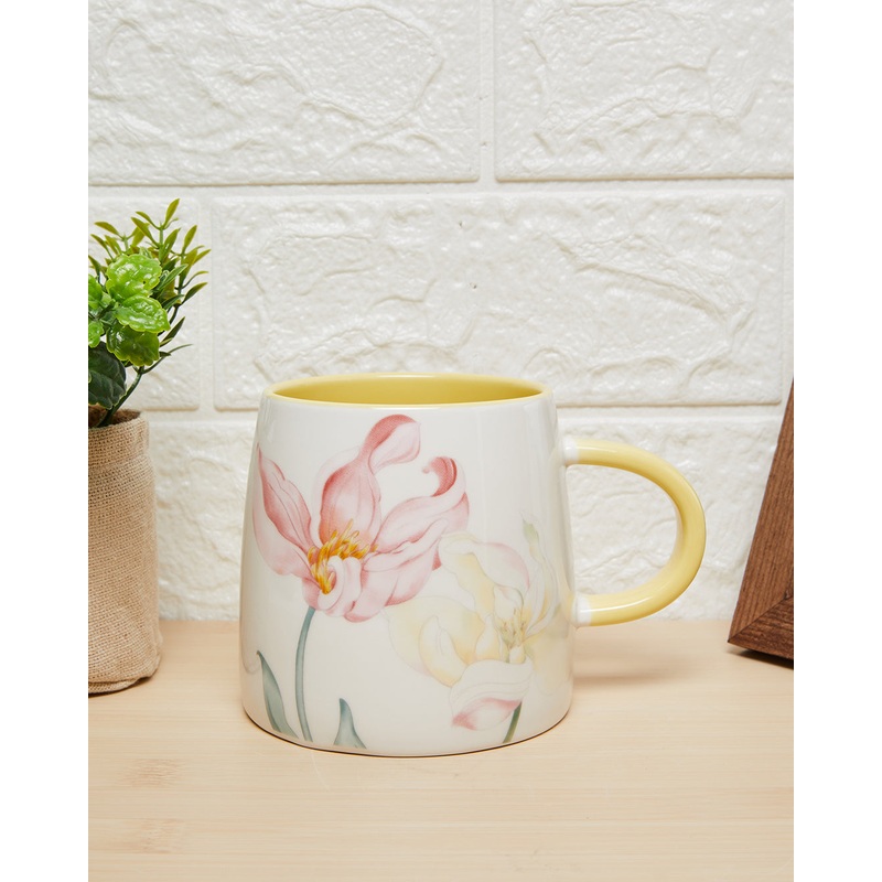 Yellow Floral Mug With Color Glaze Handle (14oz)
