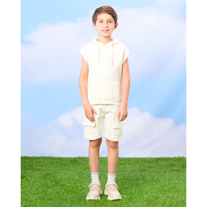 Boys Cream Hooded T-Shirt And Shorts Casual Set (2 Piece)