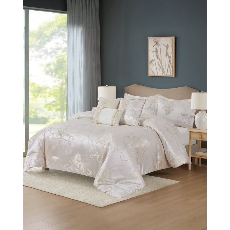 Cream 7 Piece Floral Jacquard Comforter Set (King Size)