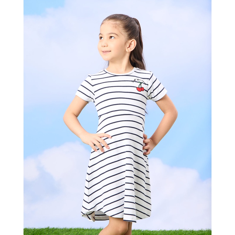Girls Blue And White Rib Yarn Dyed Striped Dress