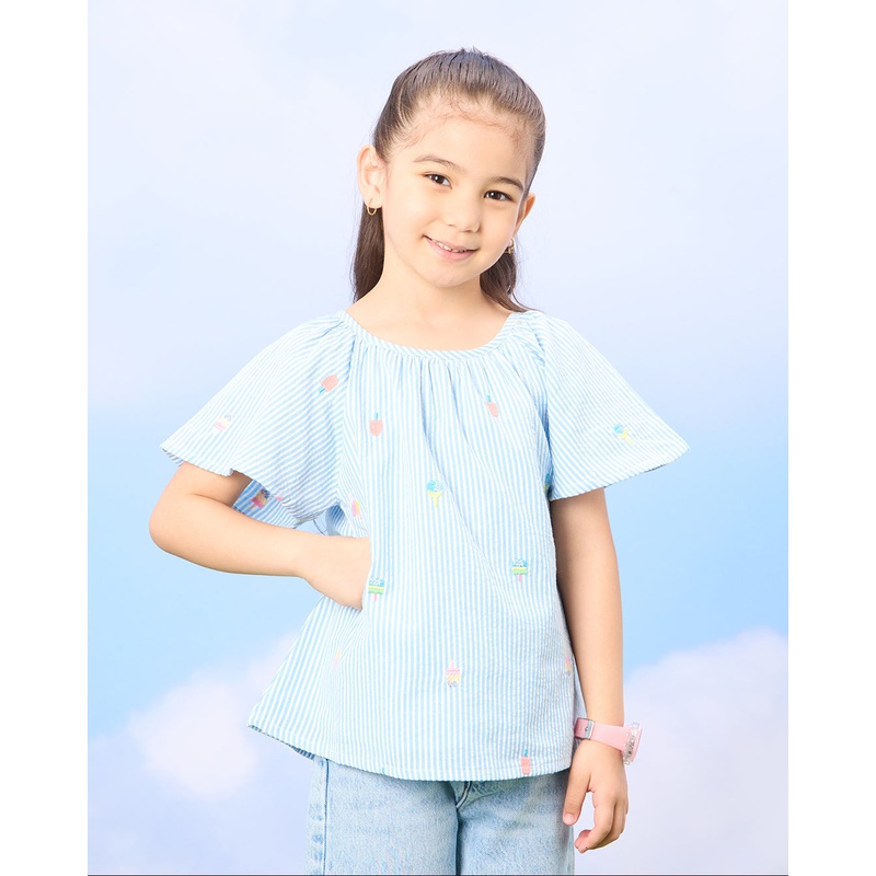 Girls Blue Floral Embroidery Blouse