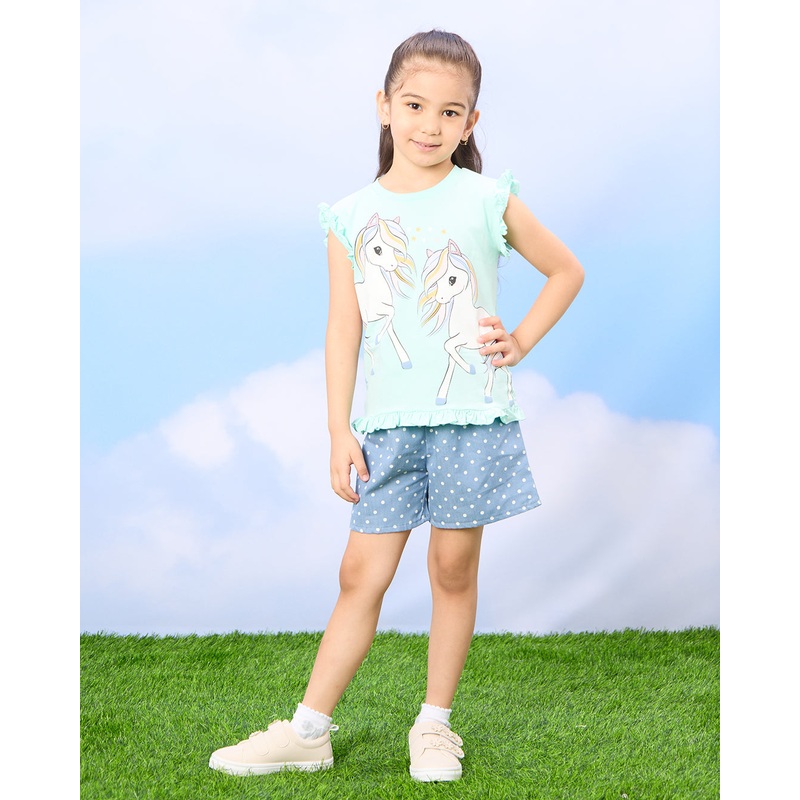 Girls Blue Unicorn Print T-Shirt And Shorts Set (2 Piece)