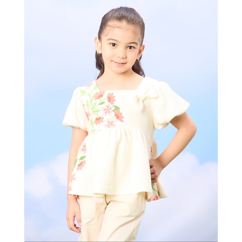 Girls Ivory Floral Print Top With Bow