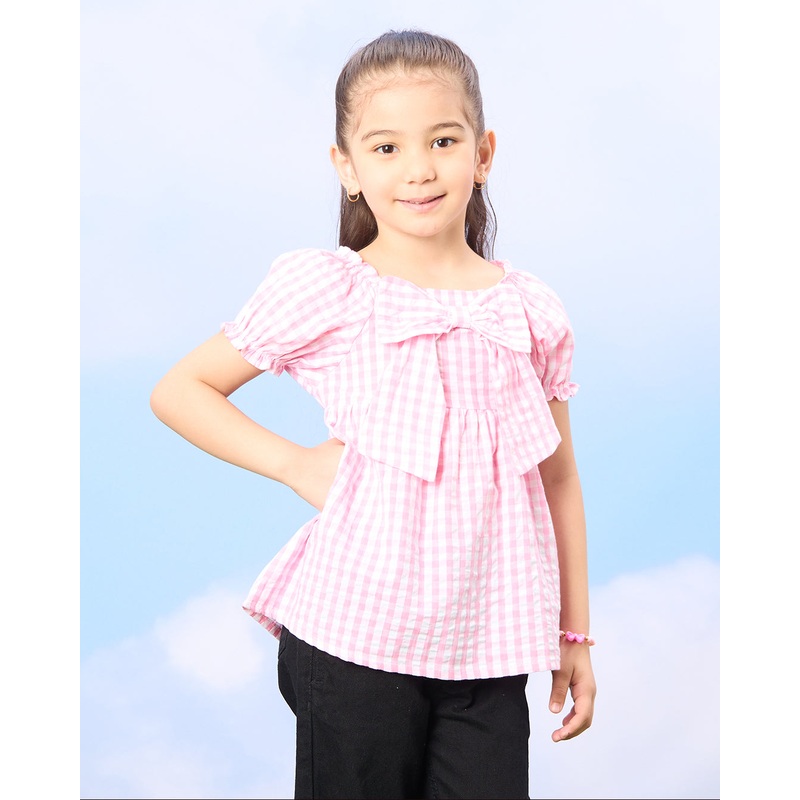 Girls Pink Front Bow Blouse With Puff Sleeve