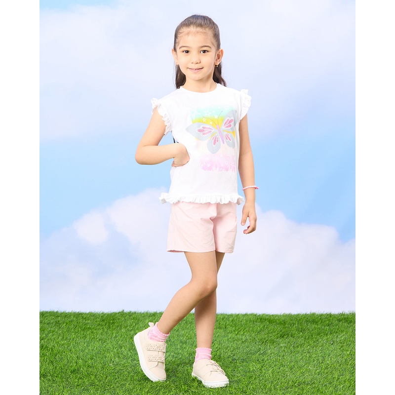 Girls White Butterfly Print T-Shirt And Shorts Set (2 Piece)