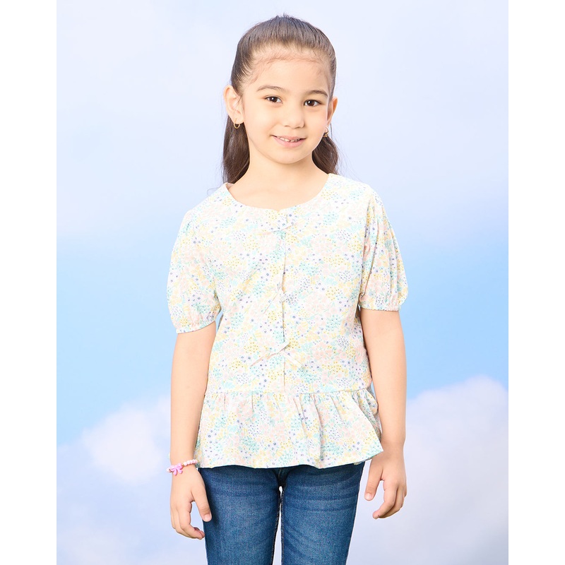 Girls White Floral Print Blouse With Front Bows