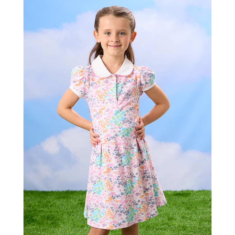 Girls White Floral Print Collar Pique Dress