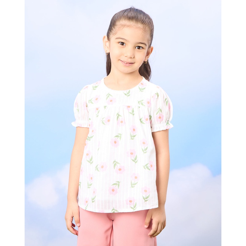Girls White Floral Printed Woven Blouse