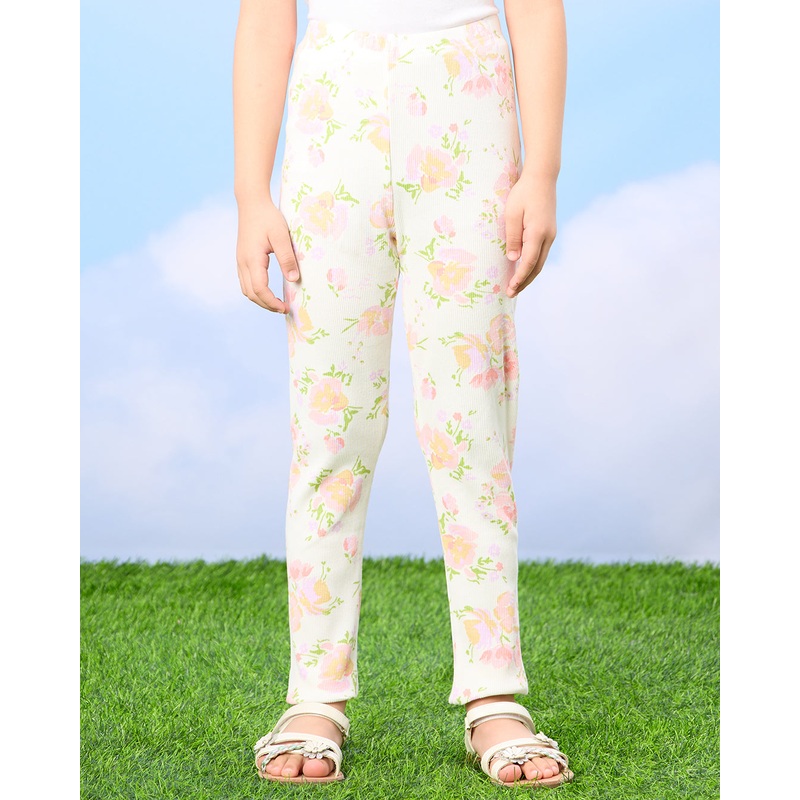 Girls White Floral Rib Leggings