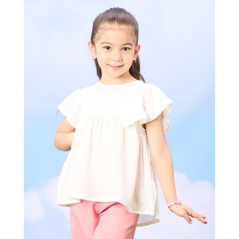 Girls White Schiffli Frill Sleeve Blouse