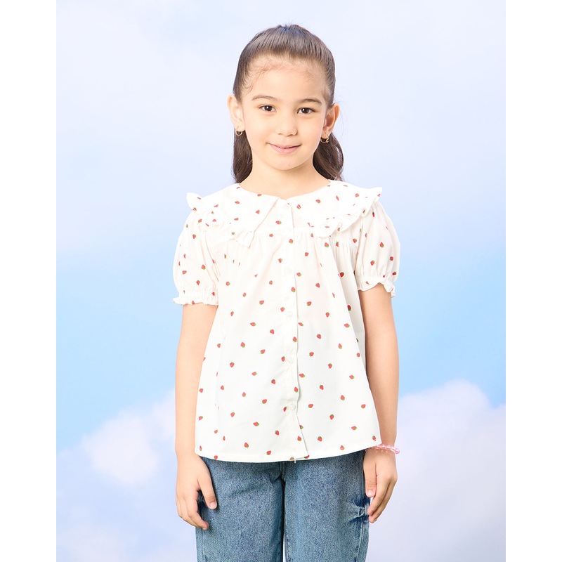 Girls White Strawberry Print Blouse
