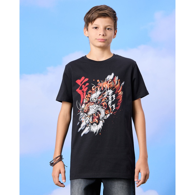 Senior Boys Black Tiger Face Print T-Shirt