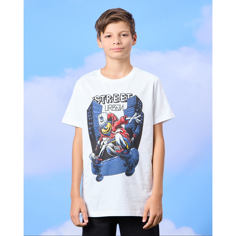 Senior Boys White Skate Board Print T-Shirt