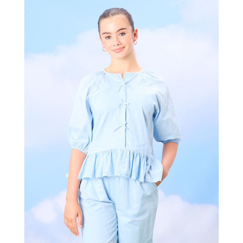 Senior Girls Blue Embellished Blouse With Front Bow