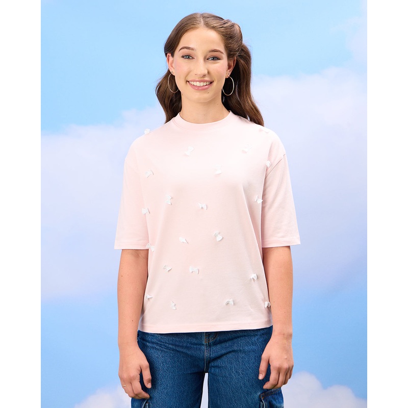 Senior Girls Pink Boxy High-Neck 3D Floral Top