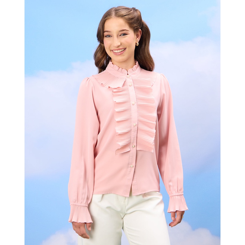Senior Girls Pink Pleated Ruffled Front Blouse