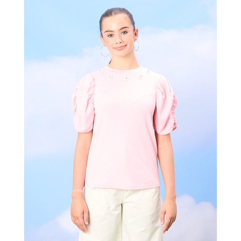 Senior Girls Pink Top With Floral Embellishment