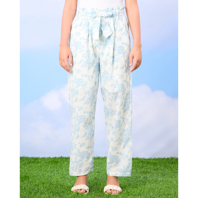 Senior Girls White And Blue Printed Pants
