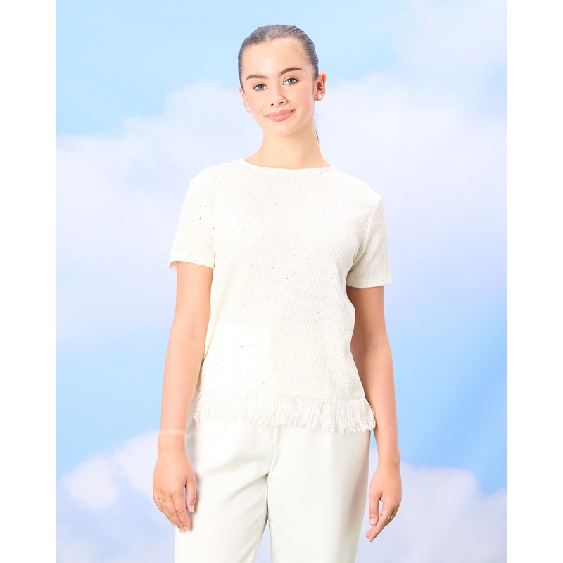 Senior Girls White Jacquard Fringe Top With Studs