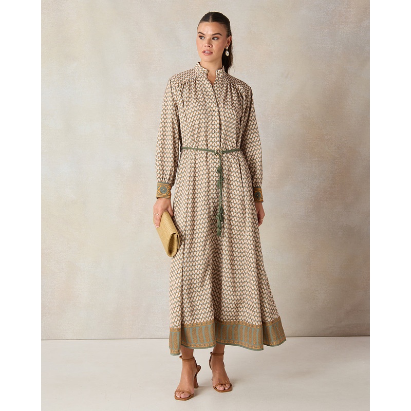 Women Cream Printed Belted Dress