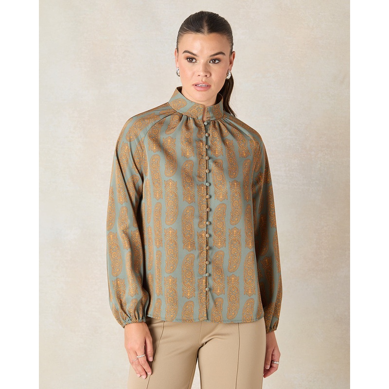 Women Mustard Printed Button Down Blouse