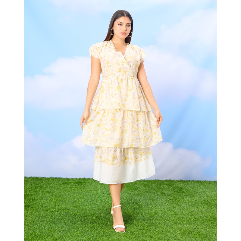 Women Yellow Floral Multi Tiered Wrap Dress