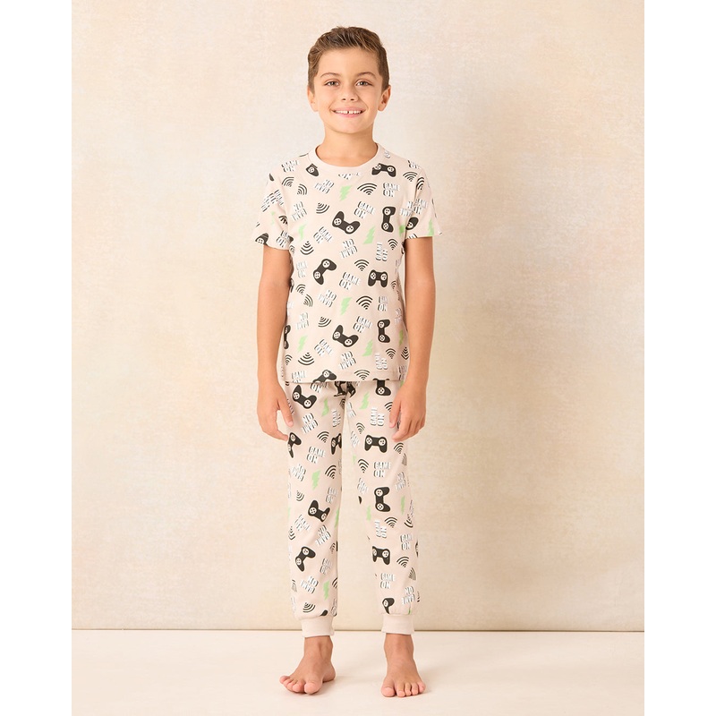 Boys Beige Controller Print Pyjama Set (2 Piece)