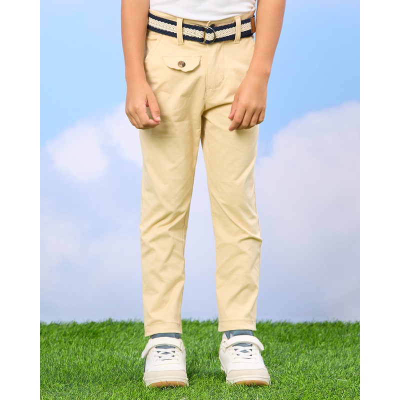 Boys Beige Solid Belted Trousers