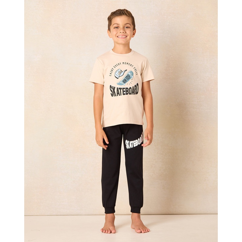 Boys Black And Beige Skateoard Print Pyjama Set (2 Piece)