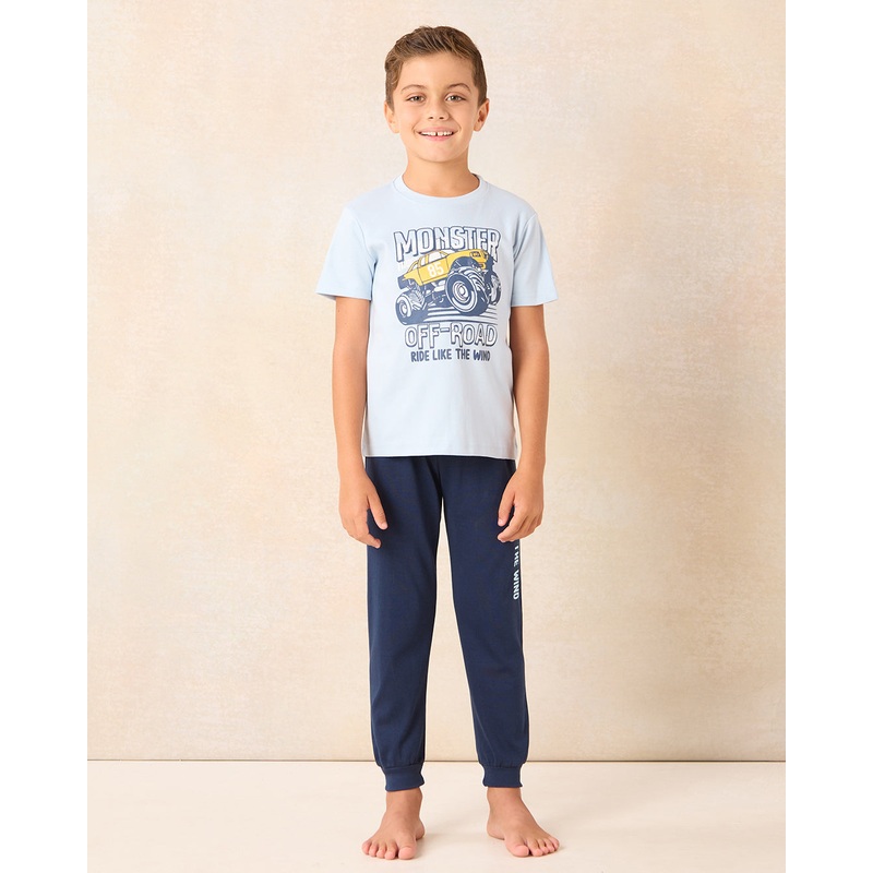 Boys Blue And Navy Monster Truck Print Pyjama Set (2 Piece)