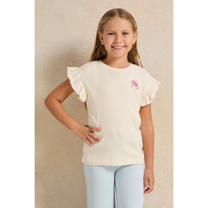 Girls White Floral Print T-Shirt