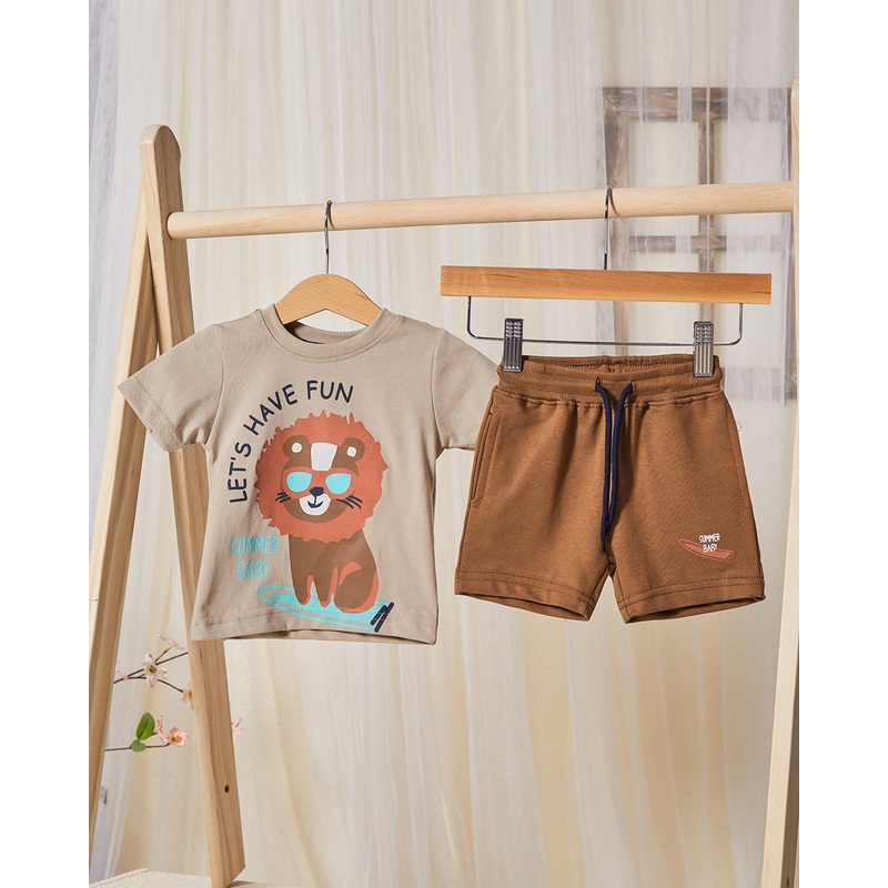 Infant Boys Beige And Brown Printed Casual Set (2 Piece)