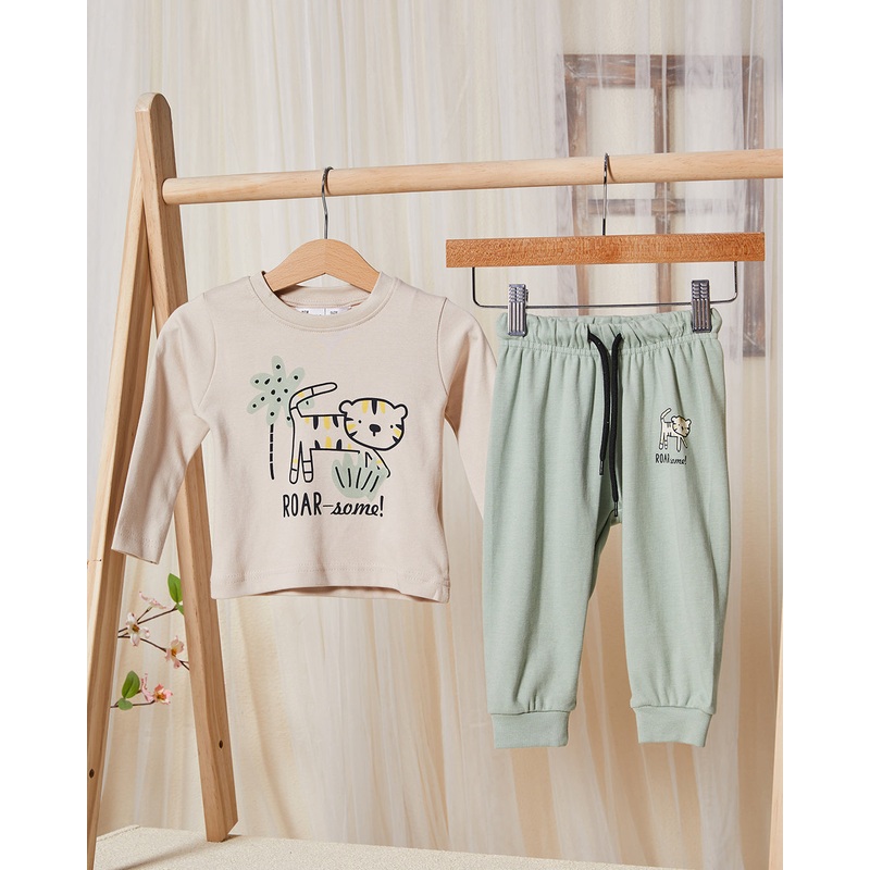 Infant Boys Beige And Mint Printed Pyjama Set (2 Piece)