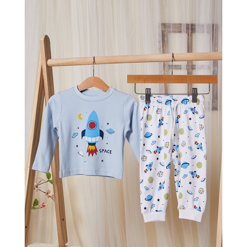 Infant Boys Blue And White Printed Pyjama Set (2 Piece)