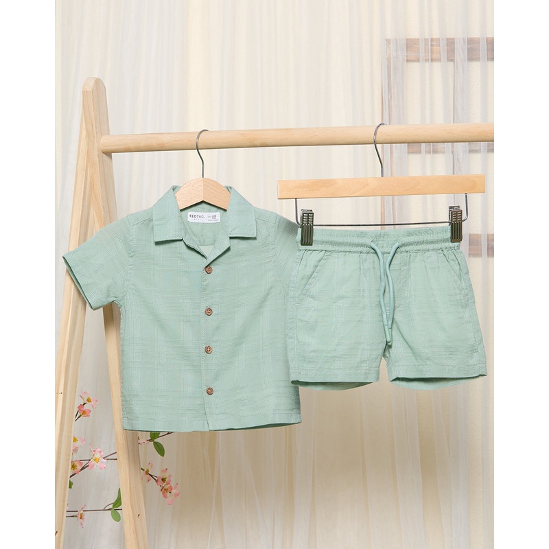Infant Boys Blue Textured Shirt And Shorts Set (2 Piece)