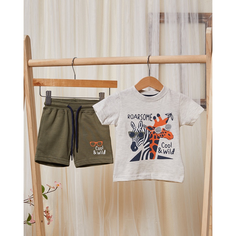 Infant Boys Ecru And Olive Printed Casual Set (2 Piece)