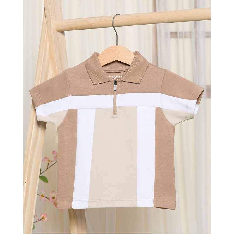 Infant Boys White And Beige Cut And Sew Polo Shirt
