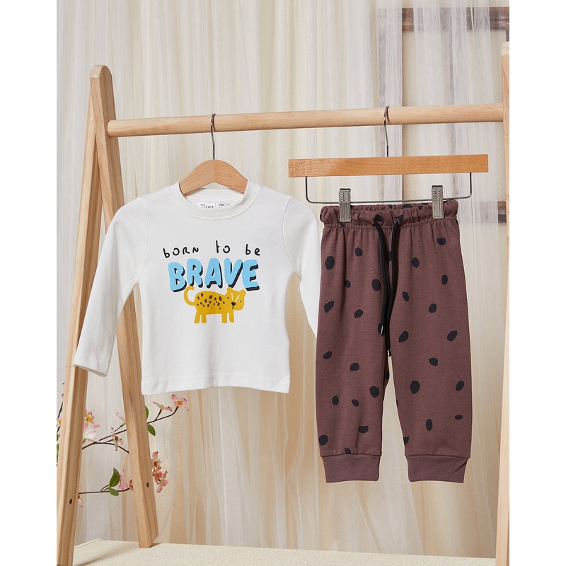 Infant Boys White And Brown Printed Pyjama Set (2 Piece)