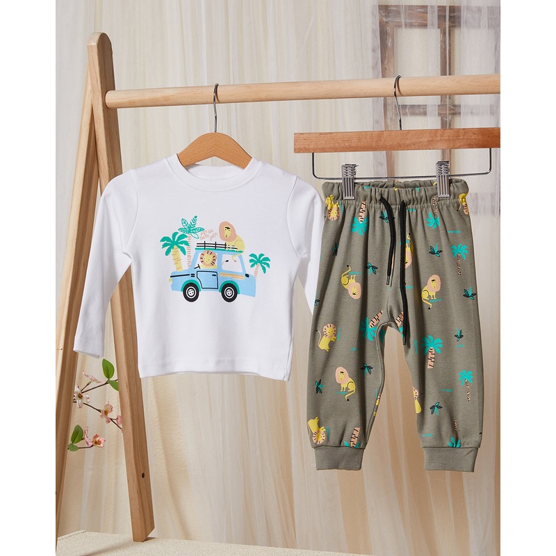 Infant Boys White And Olive Printed Pyjama Set (2 Piece)