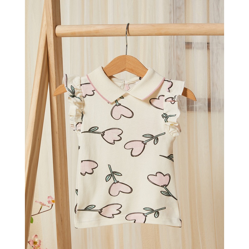 Infant Girls Cream All Over Print Pique T-Shirt