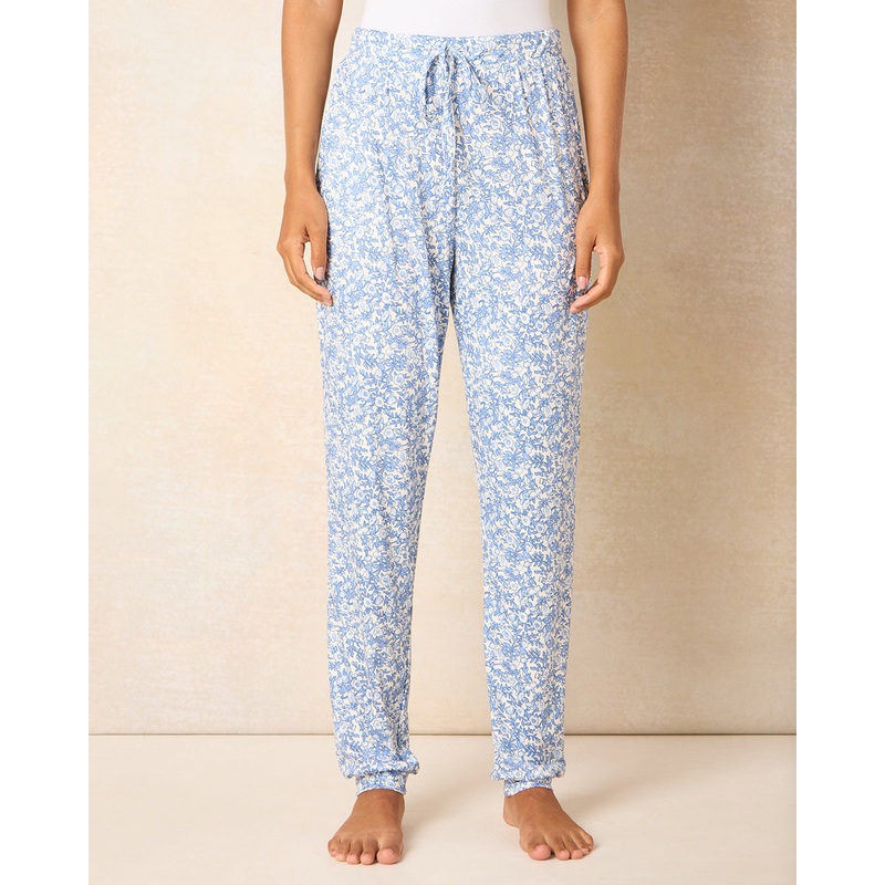 Woman Cream And Blue Printed Pyjama Bottom