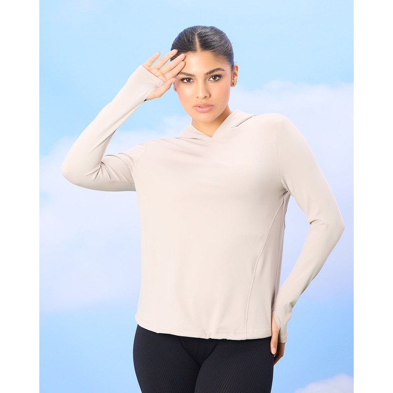 Women Beige Hooded Active T-shirt Jacket