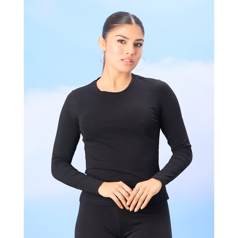 Women Black Solid Long Sleeve T-shirt