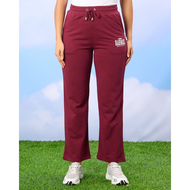 Women Burgundy Harvard University Wide Leg Embroidered Active Pants