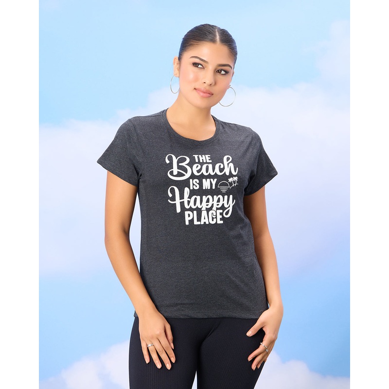Women Charcoal Basic Printed T-shirt