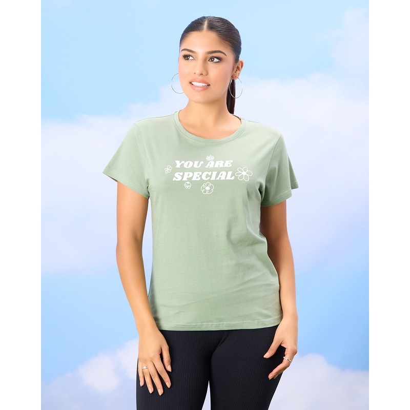 Women Green Basic Printed T-shirt