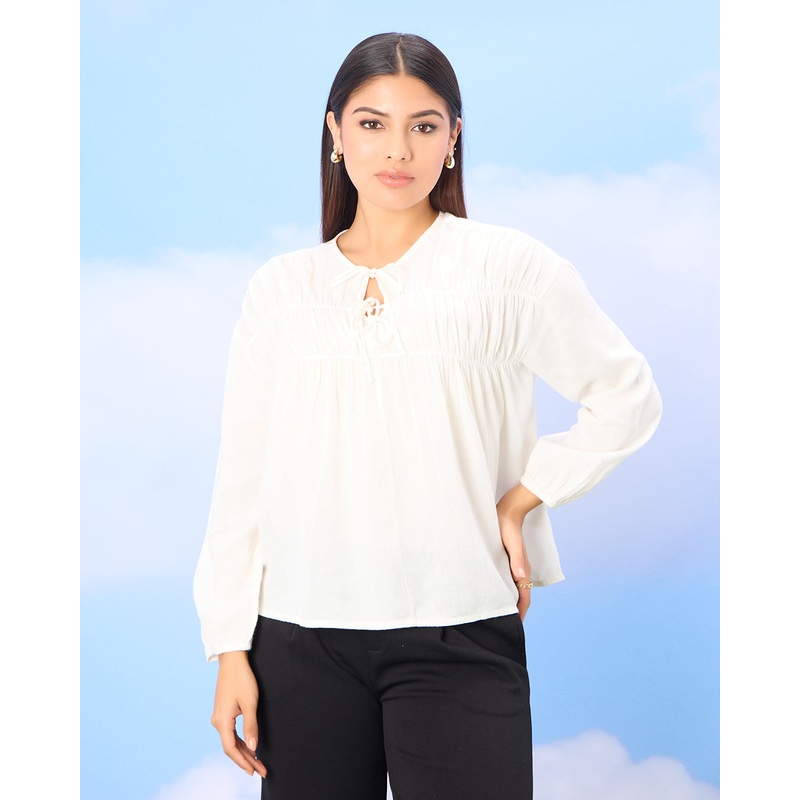 Women Ivory Front Bow Tie Detailed Blouse